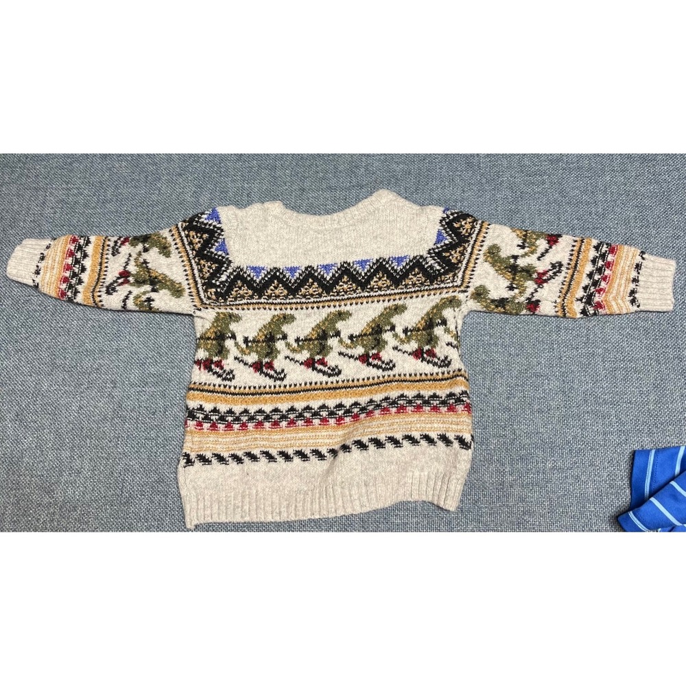 Old Navy Toddler Skiing Dinosaur Fair Isle Knit Sweater Oatmeal 12-18M